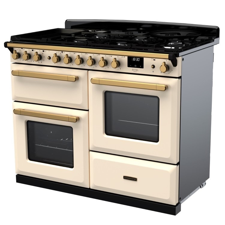 Rangemaster Estel Deluxe 110cm Dual Fuel Range Cooker - Pale Cream + Brass - Image 2