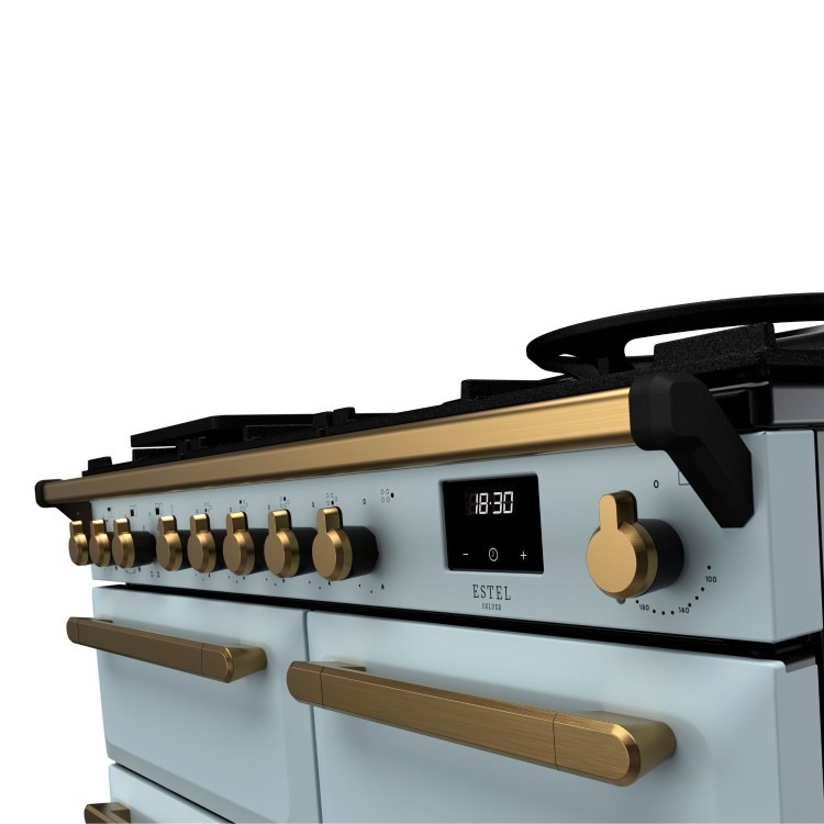 Rangemaster Estel Deluxe 100cm Dual Fuel Range Cooker - Misty Blue + Brass - Image 3