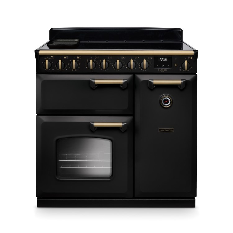 Rangemaster Classic Deluxe 90cm Dual Fuel Range Cooker - Charcoal Black & Brass