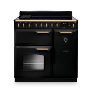 Rangemaster Classic Deluxe 90cm Dual Fuel Range Cooker - Gloss Black & Brass