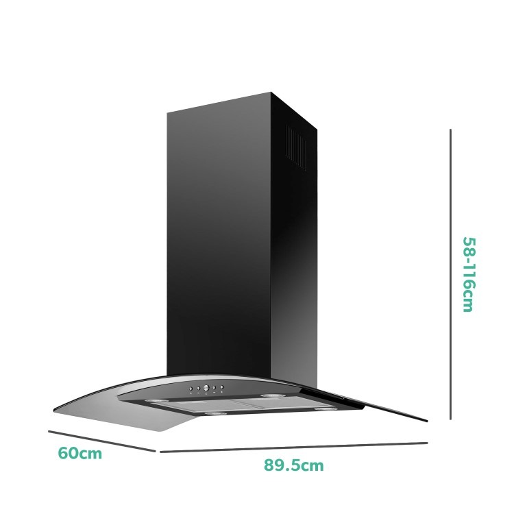 electriQ 90cm Curved Glass Island Cooker Hood - Black - Image 2