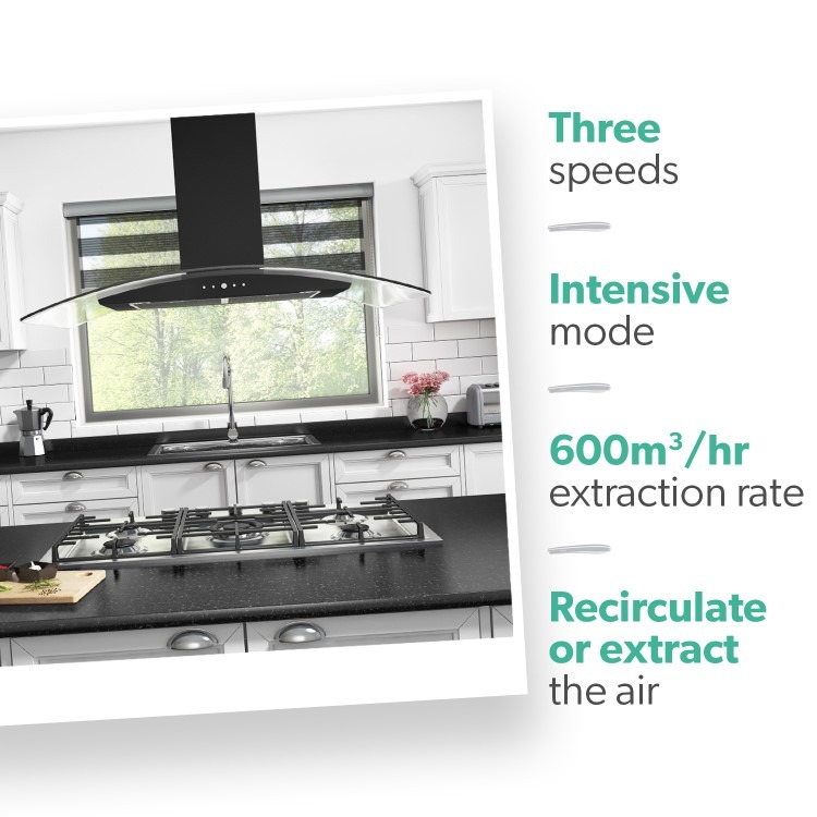 electriQ 90cm Curved Glass Island Cooker Hood - Black - Image 5